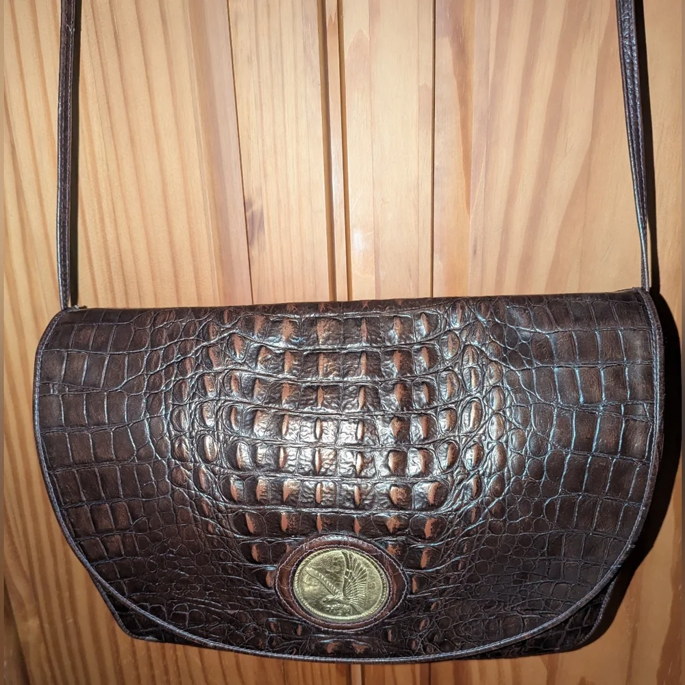 Mika Vintage Brown and Gold Shoulder Bag with Crocodile Texture